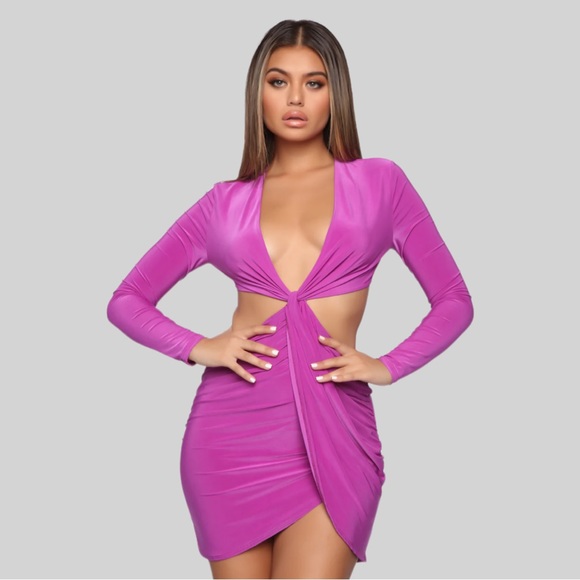 Fashion Nova Violet Slinky Cut Out V-Neck Criss Cross Long Sleeve Mini Dress - Picture 4 of 7